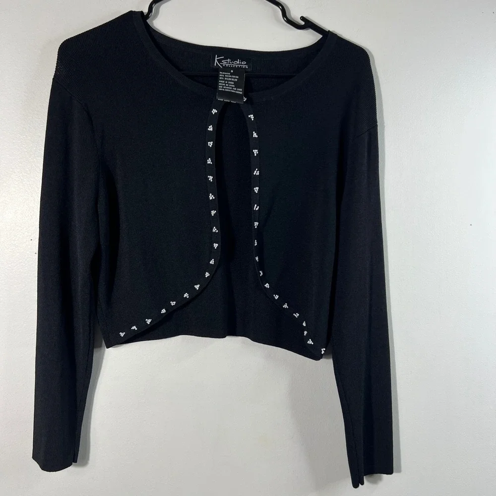 Womens Vintage K Studio Beaded Trim Cropped Cardigan Black 8 Rayon‎ Nylon